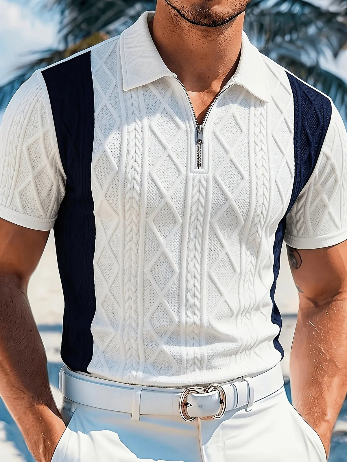 Men's Blue Colorblock Diamond Pattern Knit Polo Shirt, Lightweight Classic Casual Tropical Vacation Style, Zipper Front + Textured Jacquard, Daily/leisure Wear, Knitted Polo Shirt