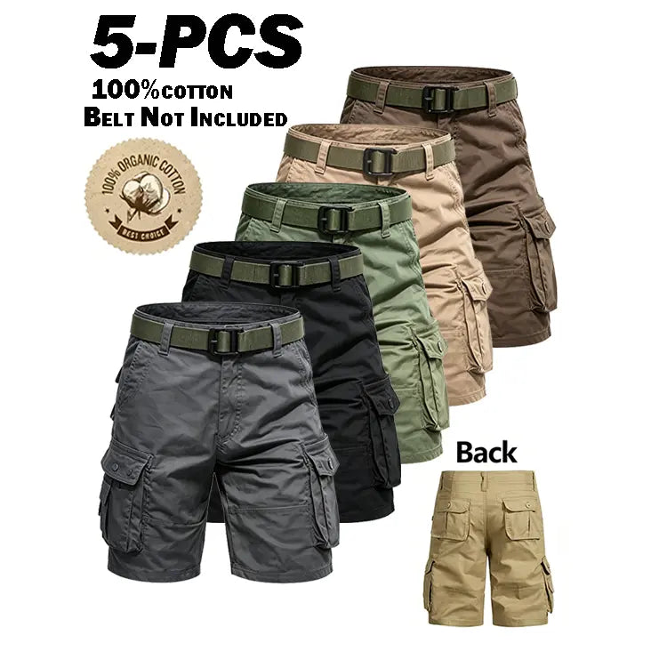 5-Piece Set Men's Vintage Organic Cotton Cargo Shorts - Mid Waist, Straight Knee Chino Bottoms, Loose Fit, Breathable, Soft, Multiple Pockets - Casual Pants for Camping&Hiking, Outdoor, Daily Wear - Light Solid Color Male Streetwear