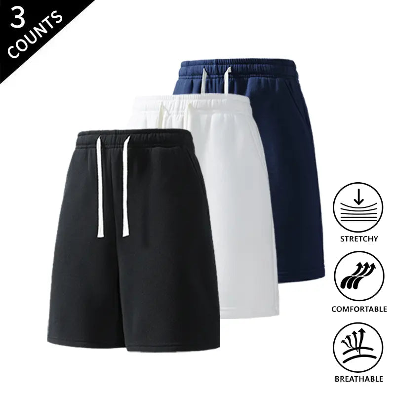 Men’s 3-Pack Solid Color Lightweight Loose-Fit Casual Street Shorts, Outdoor Menswear Bottoms Built for Beach Walks and Outings