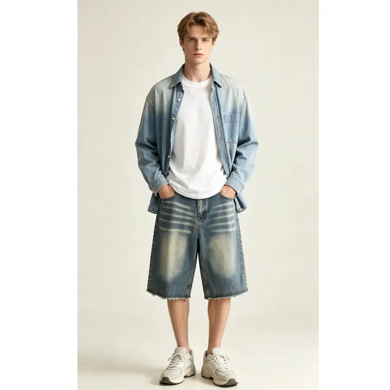 JUNBAOSS Men's Baggy Jean Shorts Y2K Casual Vintage Wide Leg Skater Denim Shorts Fashion Comfy Loose Fit Long Streetwear Hip Hop Summer Jorts Denim Shorts Below Knee five-point pants