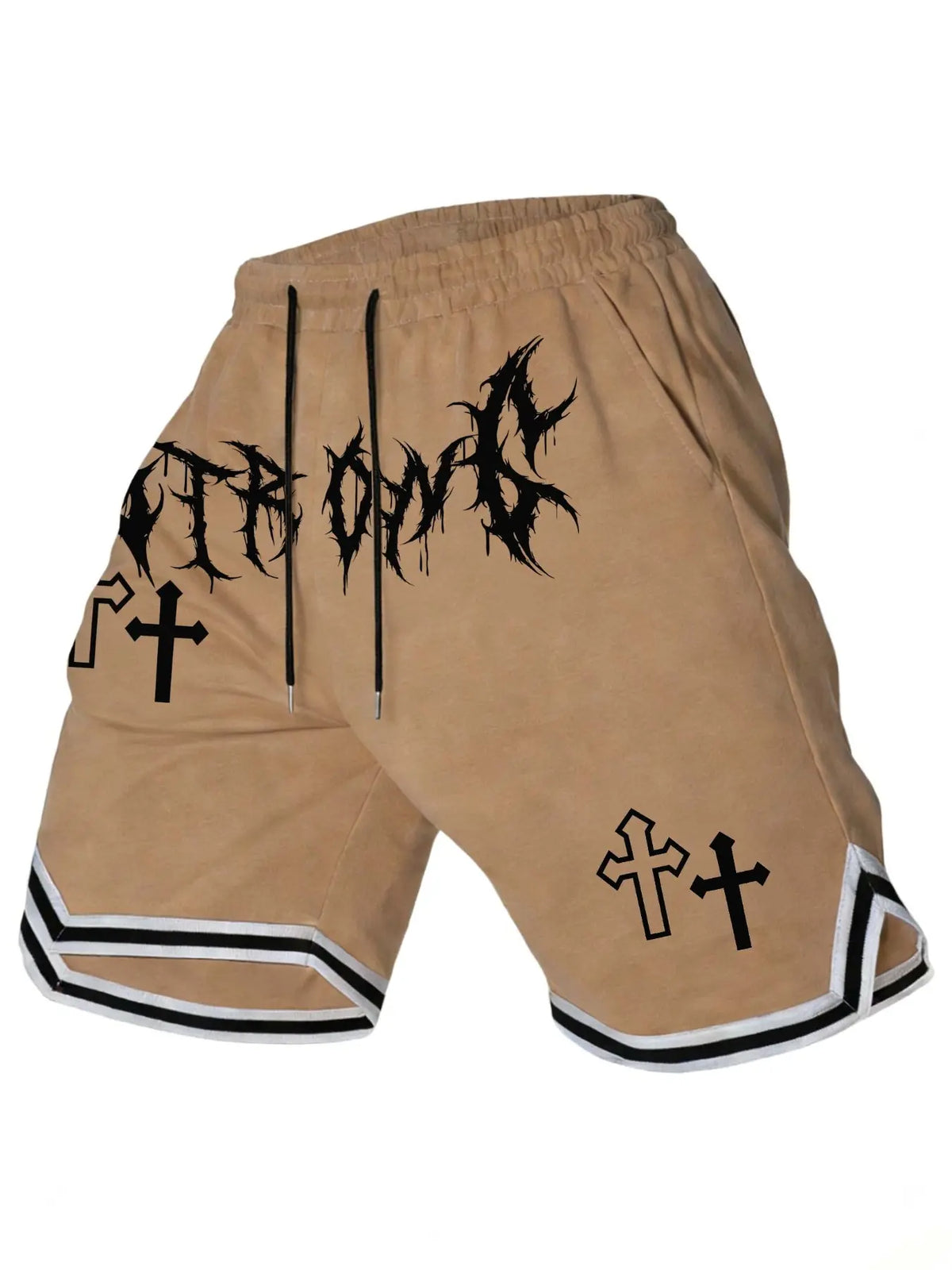 Men's Thash Inspired Fitted Fashion Shorts, Gothic Punk Letter & Cross Graphic, Elastic Waist, Casual Streetwear for Skateboarding & Daily Wear, Letter Print Shorts