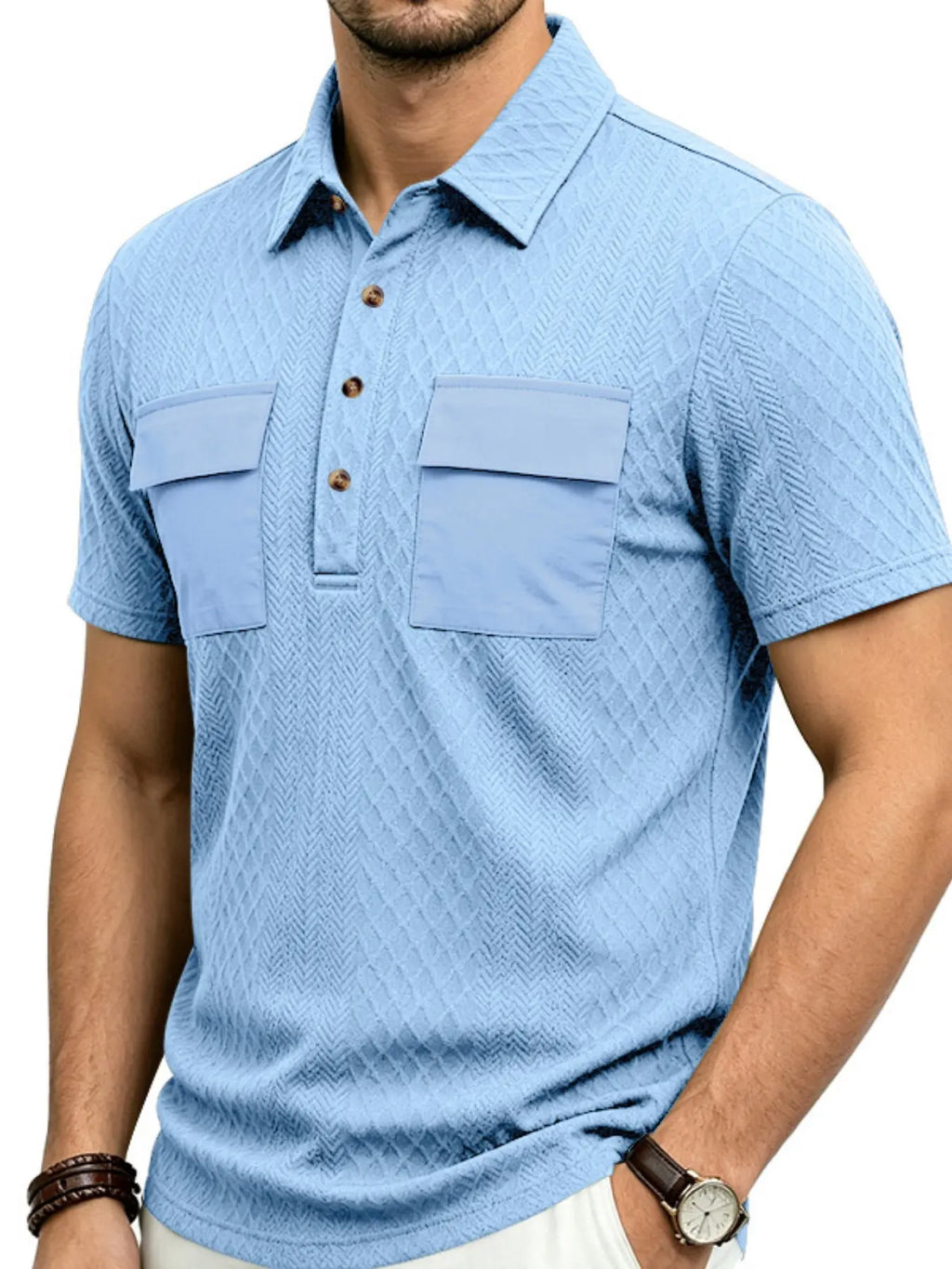 Men's Summer Breathable Polo Shirts, Dual Chest Pocket Design, Button Placket, Breathable Short Sleeve, Classic Street Style, Office, Casual Wear, Top, Streetwear Polo Shirt, Breathable Summer Polos