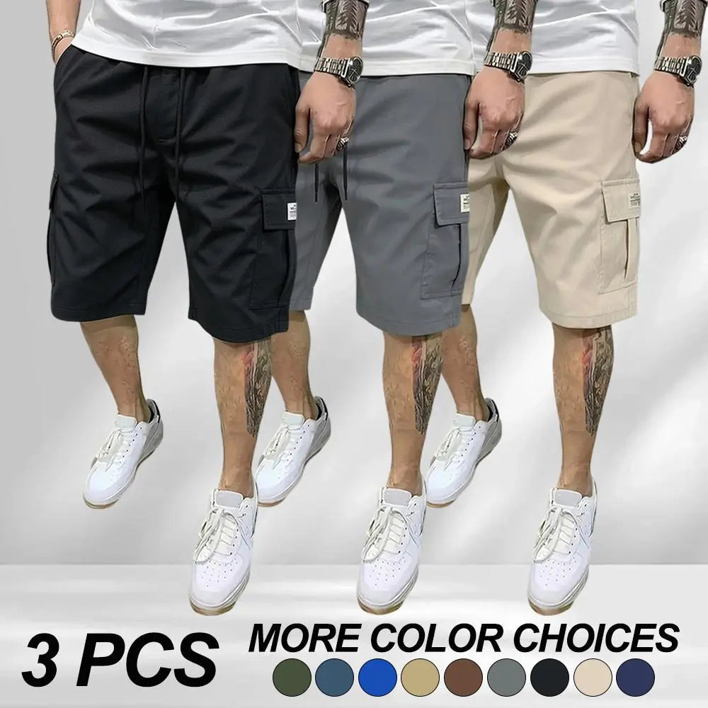 3-piece set of men’s fitted workwear shorts — casual summer drawstring color-blocked shorts that are lightweight and breathable, featuring diagonal insertion and multiple pockets; multifunctional for daily wear, beach, and fitness. Men’s fitted shorts; a