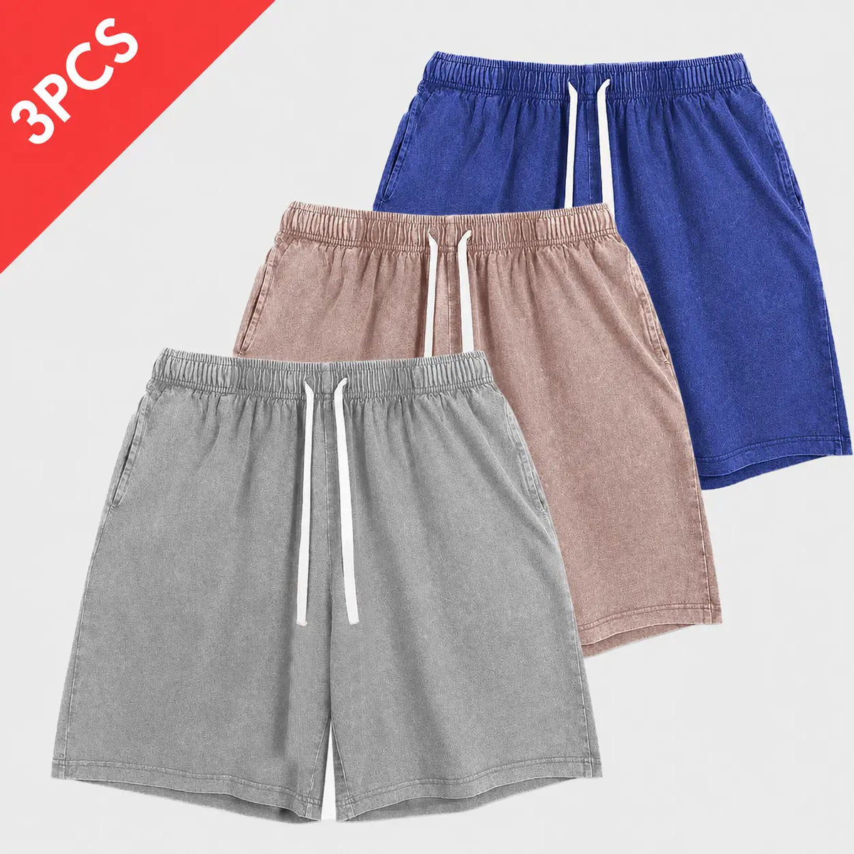 Men's 100% Combed Cotton Washed Drawstring Beach Shorts - Above-the-Knee, Elastic Waist, Loose Fit, Breathable Comfy Fabric, Side Pockets, Summer Casual Wear, S-3XL