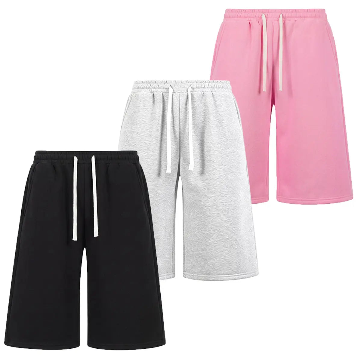 Men’s H-Type Fitted Cut Knit Capri Wide-Leg Shorts, Elastic Waistband with Drawstring, Adjustable Fit, Solid Color, Soft Comfortable, Pockets, for Casual/Athletic Wear, Available in Pink (Pairs with Sneakers)/Beige