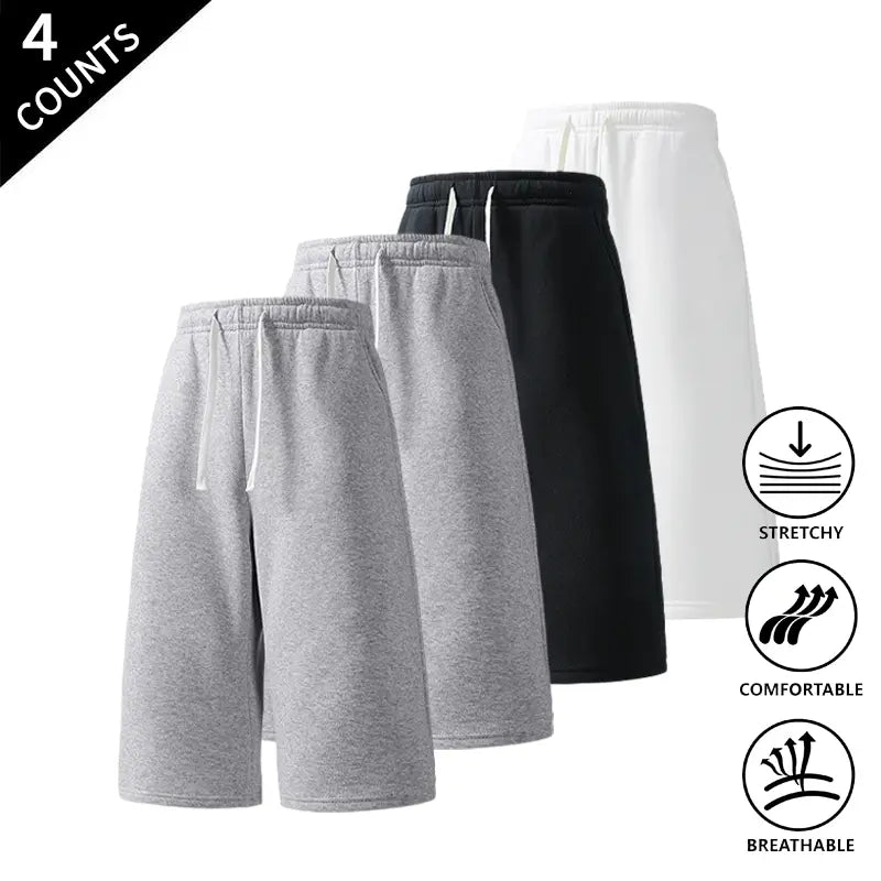 Men's Plain Stretchy Mid-Calf Cropped Pants 4-Pack - Menswear Sports Clothes for Casual, Outdoor Use - Available in Light Gray + Black + Rose Red + Navy Blue