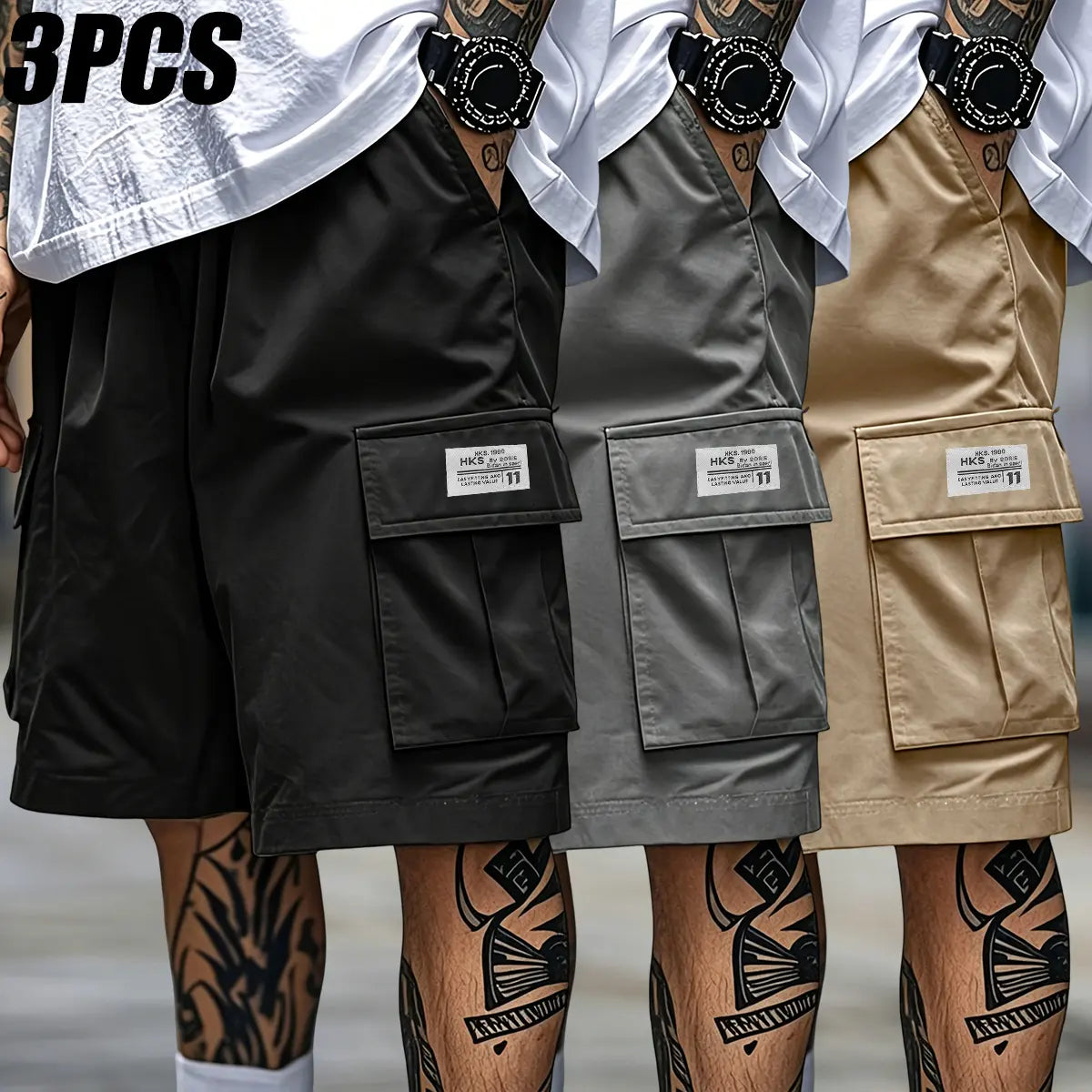 Men's 3-Piece Polyester Menswear Set: Loose-Fit Drawstring Pocketed Cargo Shorts, Mid Waist Regular-Leg Straight Outdoor Work Pants (Machine Washable) for Outdoor Activities, Casual Wear | Black + Gray + Army Green, Multi-Size Summer Bottoms