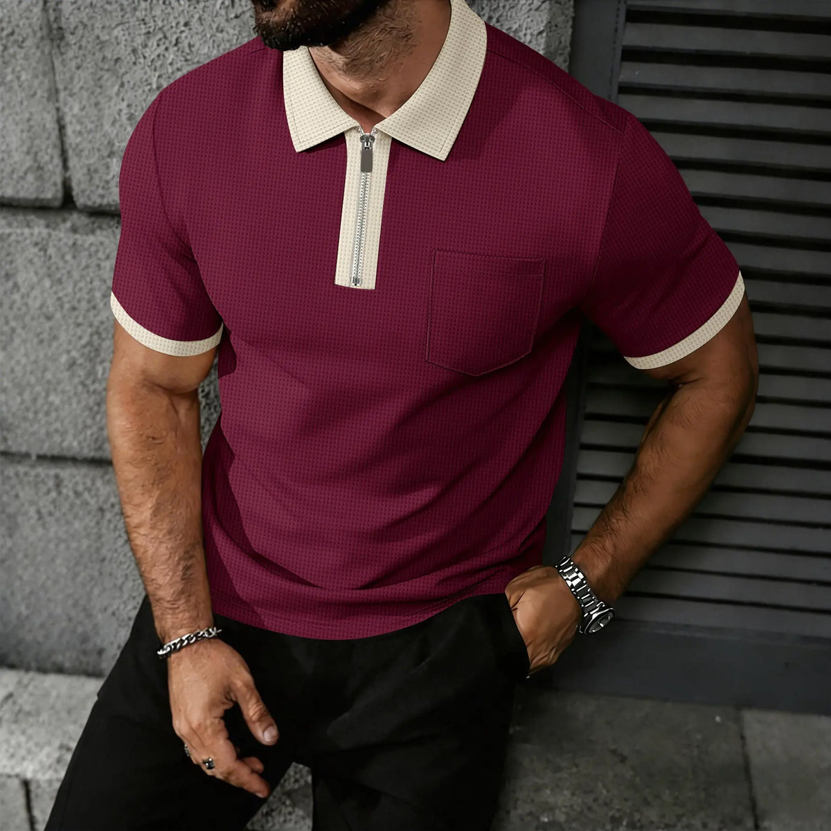 Men's Regular Fit Waffle Knitted Zip-Up Short Sleeve Polo Shirt - Normal Type, Contrast Collar & Cuff, Chest Pocket, Breathable Polyester Fabric, Summer Daily Wear, Machine Washable, XL