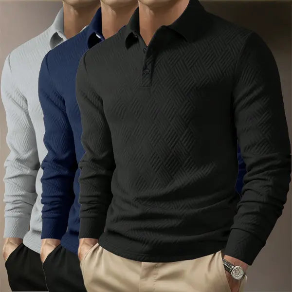 Men's Fitted 3-Piece Set Jacquard Pattern Heavyweight Fabric Button-Front Long Sleeve Polo Shirt - Ideal for Daily Commutes, Business Office Work