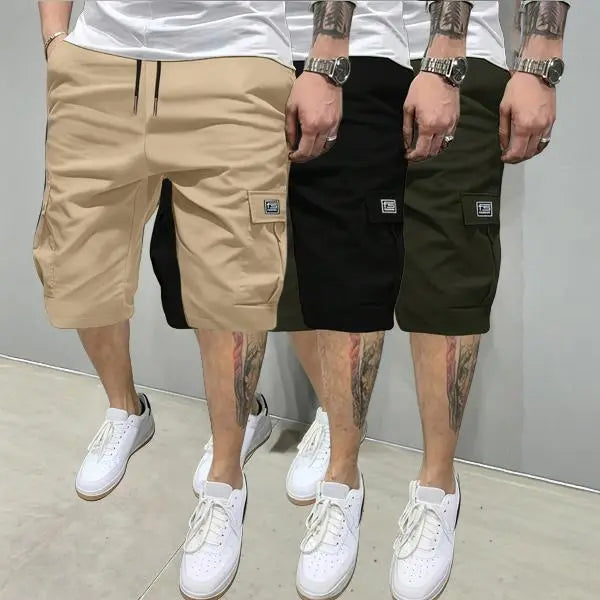 Men's 3-Piece Plain Streetwear Utility Outfits - Hoodie, Multi-Pocket Design Lightweight Mid-Rise Utility Men's Shorts, Comfortable Stylish Outdoor Clothes, Suitable for Everyday Casual & Sports Wear, Beige, Multi-Pocket Design Men's Shorts