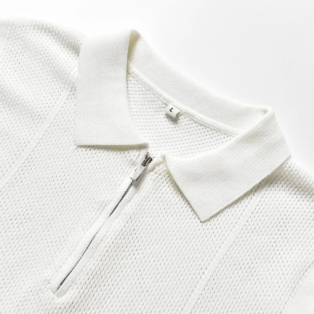 Men's Short-Sleeve Quarter-Zip V-Neck Knitted Polo Shirt - Retro Casual Basic Top, Textured Weave, Breathable Summer Fabric, Ribbed Details, Sleek Metal Zipper, Everyday Active Wear