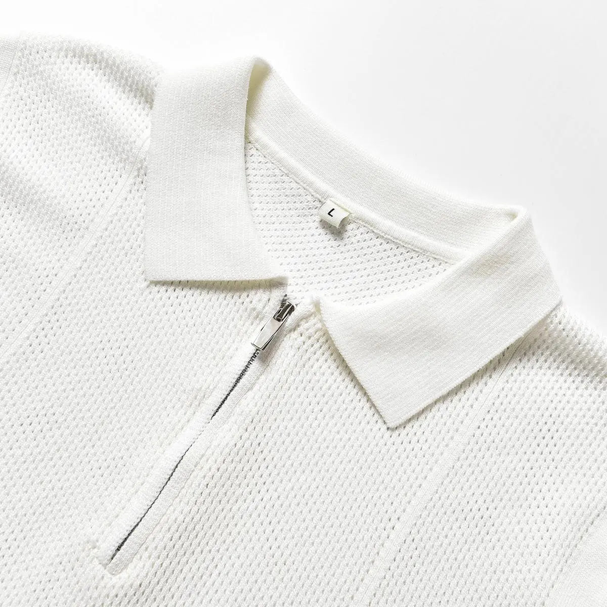 Men's Short-Sleeve Quarter-Zip V-Neck Knitted Polo Shirt - Retro Casual Basic Top, Textured Weave, Breathable Summer Fabric, Ribbed Details, Sleek Metal Zipper, Everyday Active Wear