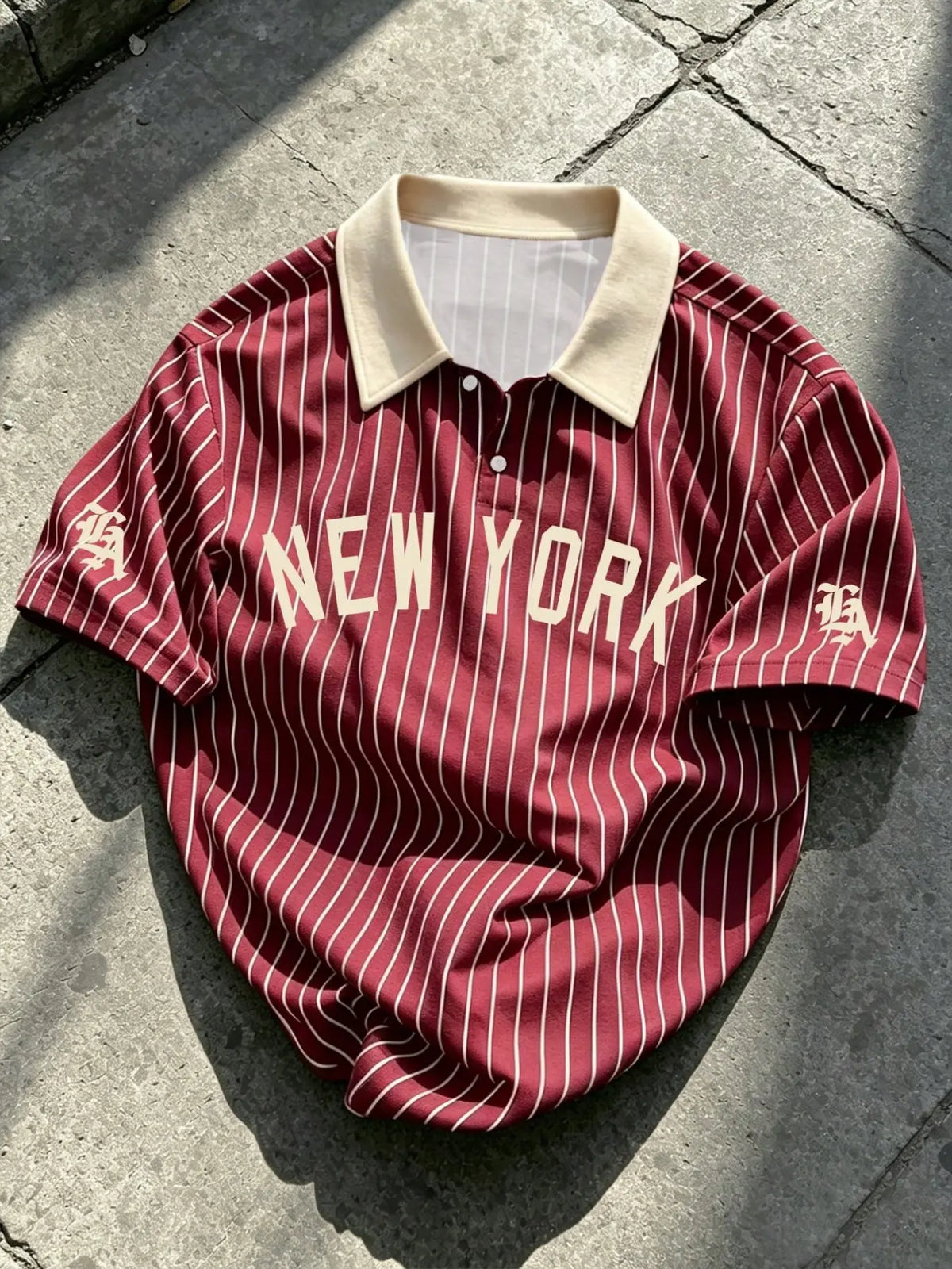 Men's Retro Vintage New York Print Striped Polo Shirt, Loose-Fit Colorblock Collar Short Sleeve Design, Trendy Casual Street Baseball Style Summer Top, Summer Polos, Summer Polo Shirts