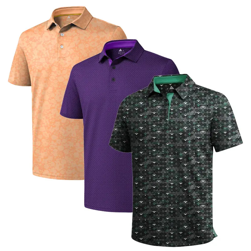 ZITY Men’s 3-Pack Short Sleeve Unique Prints Button Polo Shirts - 4-Way Stretch, Breathable, Moisture Wicking, Cool Touch, UPF 30+ Protection, Casual Outdoors/Party Top - Check Size Chart, Holiday Gifts for Boyfriend