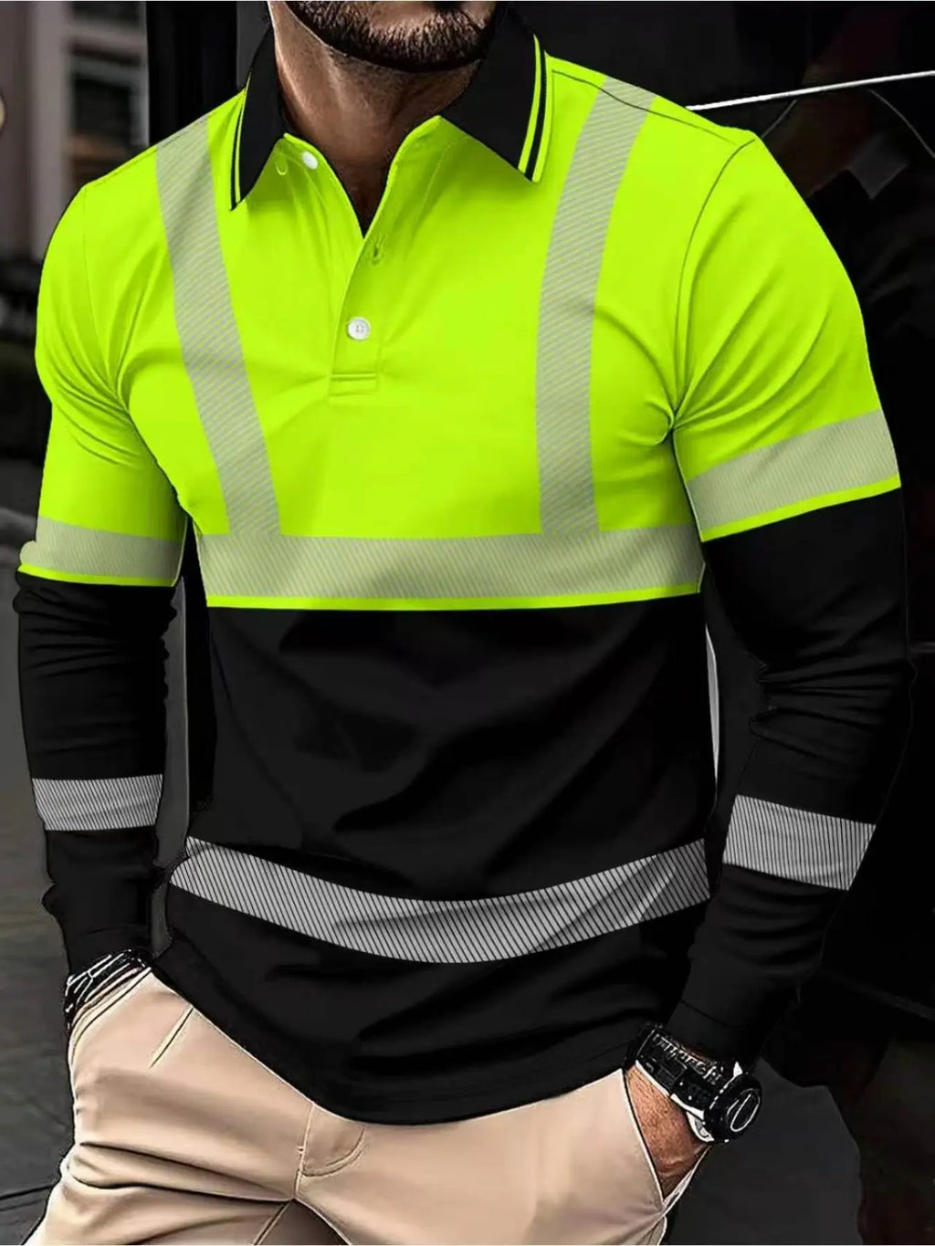 Men's Long-Sleeve Polo Shirt with Full-Width Reflective Stripe, Workwear-Style Casual Fitted Design, Menswear, Casual Polo Shirts