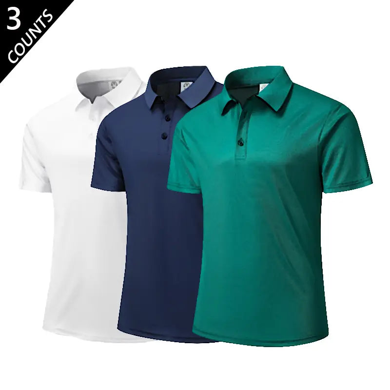 Men's 3-Pack Plain Polo Shirts - Fitted Top with Soft Breathable 100% Polyester Fabric, Short Sleeves, Classic Collar, Button Front, Ideal for Work, Golf