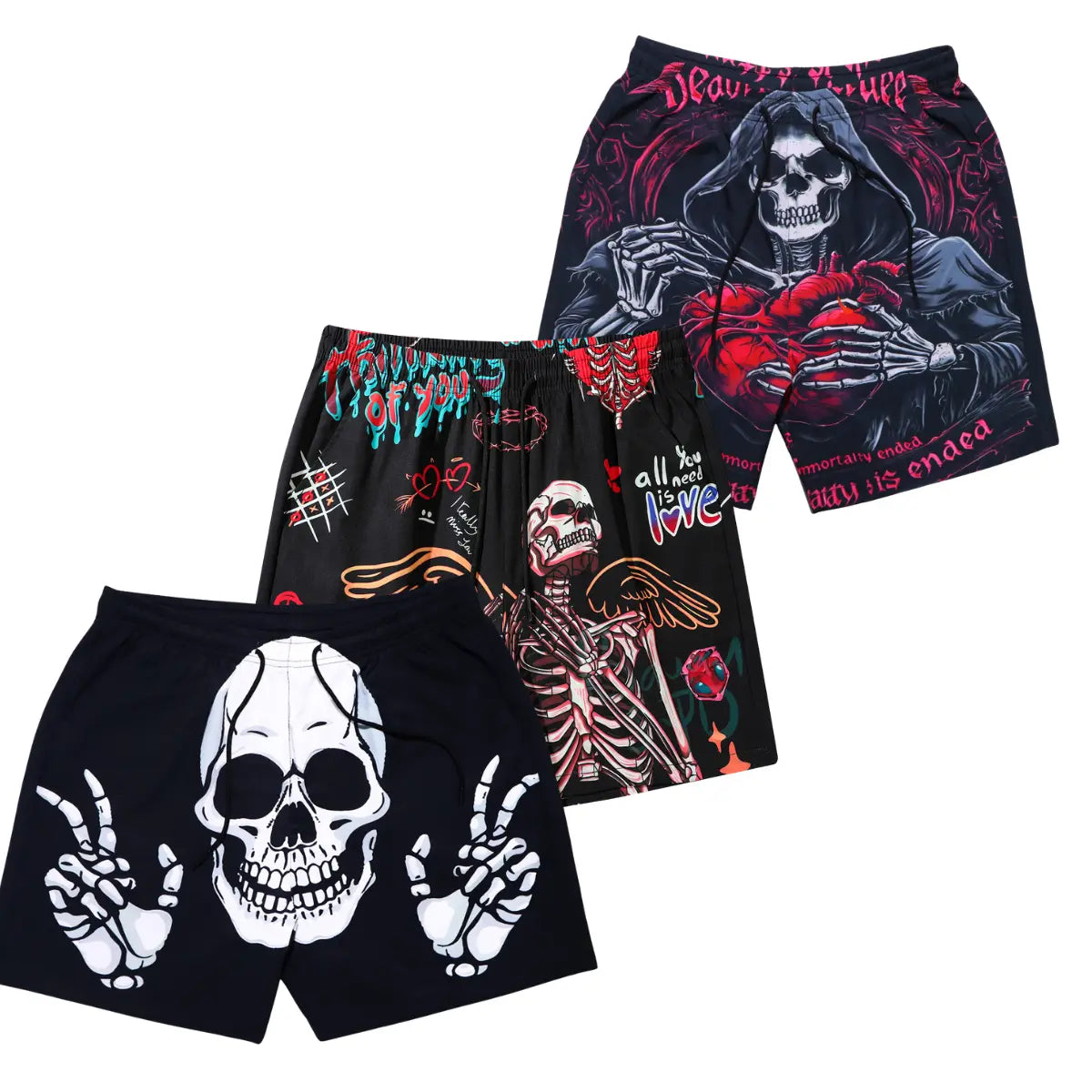 Men's 3-Pack Graphic Bold Pattern Summer Shorts - Casual Street Style Woven Polyester, Loose-Fitting Quick-Drying Men's Bottoms, Size M