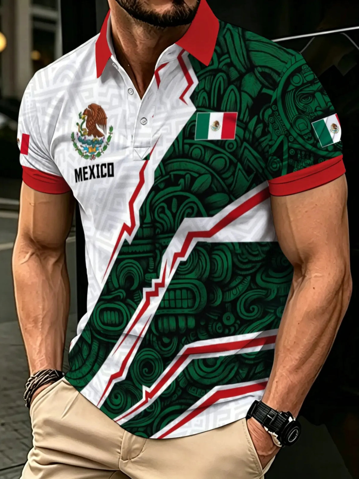 Men's Short Sleeve Collared Polo Shirt, Casual Polo Shirts, Mexican Element Print Casual Sports Top Three-color For Mexican Fans, Menswear