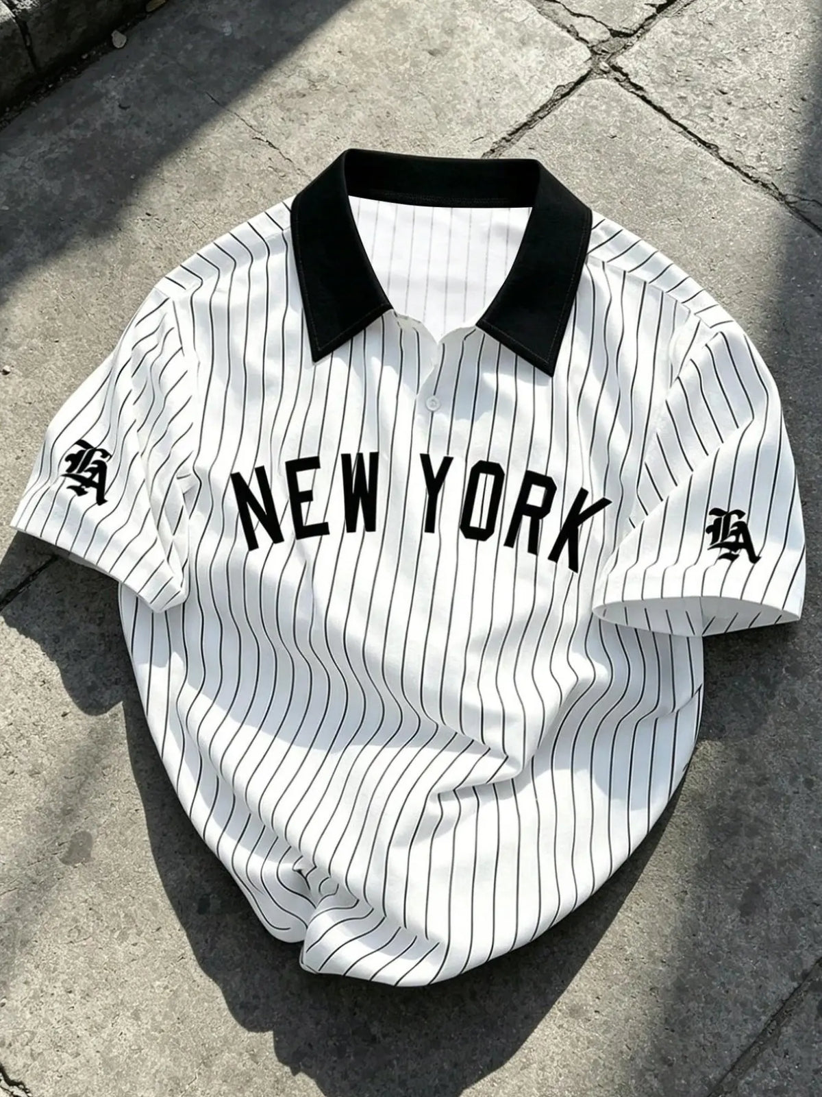Men's Retro Vintage New York Print Striped Polo Shirt, Loose-Fit Colorblock Collar Short Sleeve Design, Trendy Casual Street Baseball Style Summer Top, Summer Polos, Summer Polo Shirts