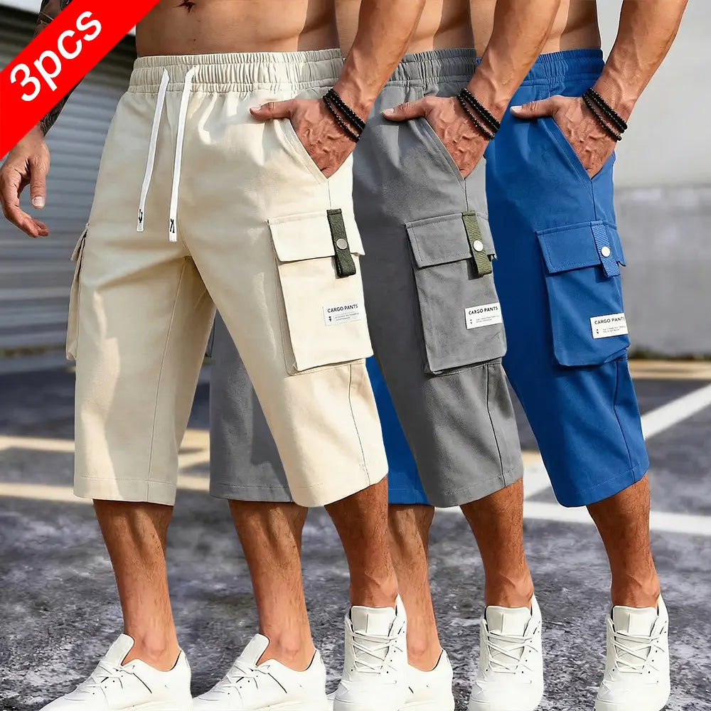Men's 3-Pack Casual Cargo Shorts - Elastic Drawstring Waist, Multi-Pocket Design, Lightweight Utility, Large Pockets - Men's Clothing for Outdoor Work Wear Summer Streetwear