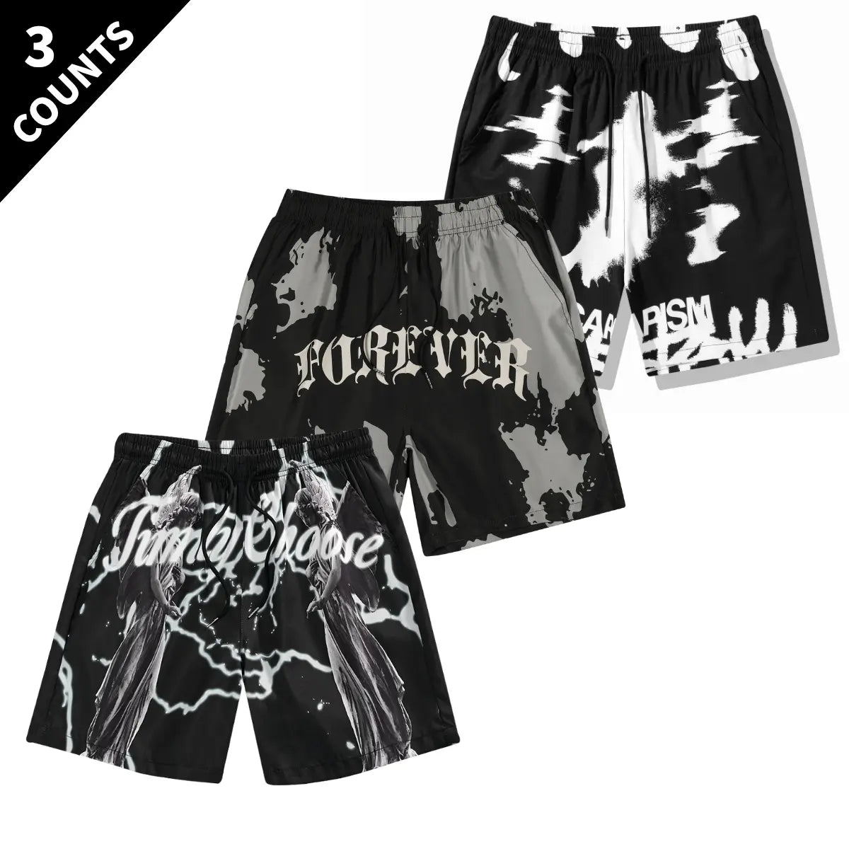 Men's 3-Pack Graphic Bold Pattern Summer Shorts - Casual Street Style Woven Polyester, Loose-Fitting Quick-Drying Men's Bottoms, Size M