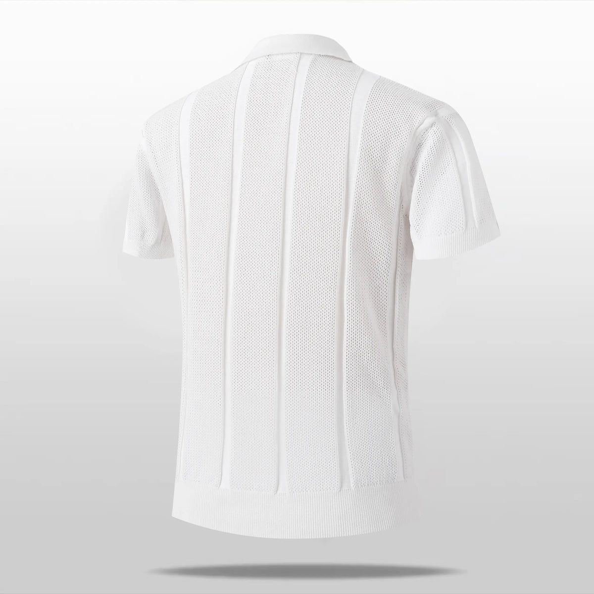 Vertical ribbed hollow knit short sleeve polo top with notch lapel open V-neck and ribbed cuffs, breathable lightweight stretch fabric slim tailored silhouette refined daily essential to build modern minimalist mensfashion outfits