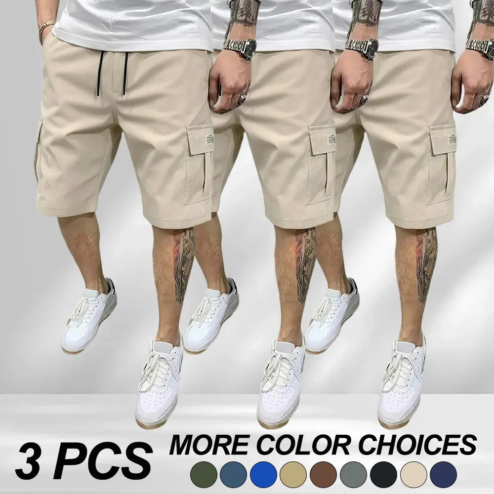 3-piece set of men’s fitted workwear shorts — casual summer drawstring color-blocked shorts that are lightweight and breathable, featuring diagonal insertion and multiple pockets; multifunctional for daily wear, beach, and fitness. Men’s fitted shorts; a