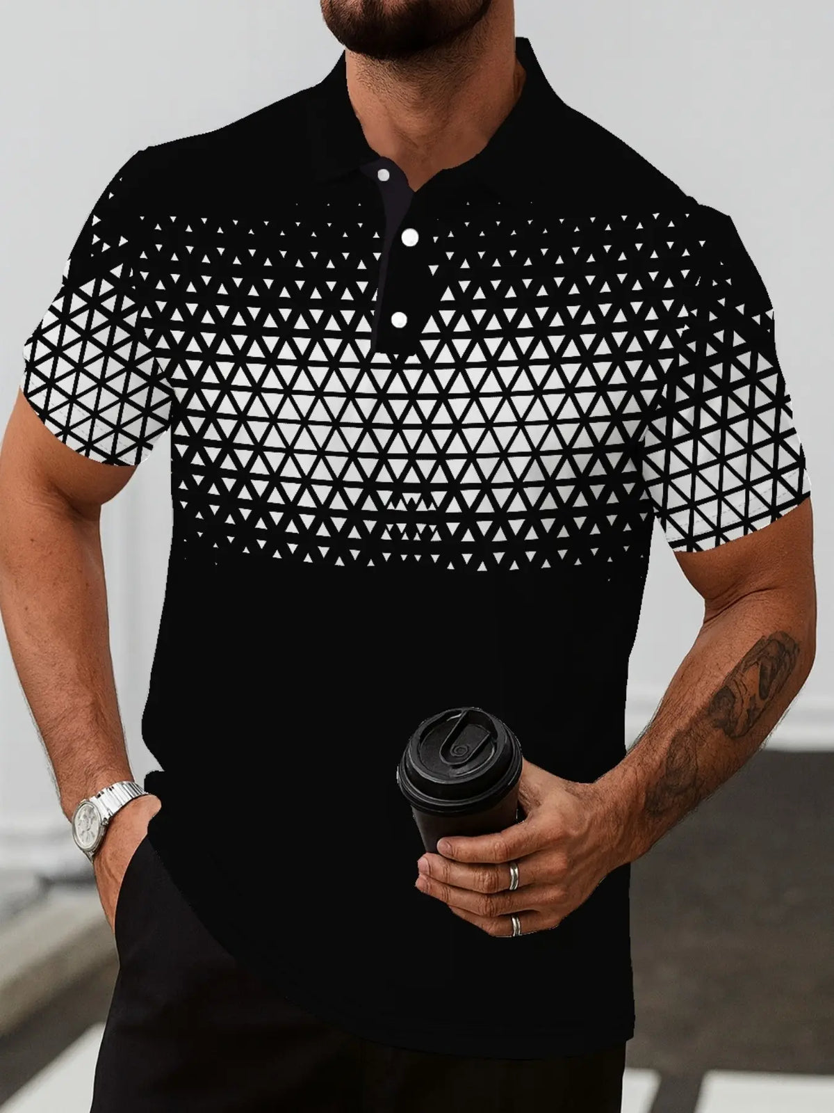 Men's Casual Classic Polo Shirt, Short Sleeve Button Front, Base Gradient Triangle Patchwork Print, Summer Daily Wear, Travel Polo