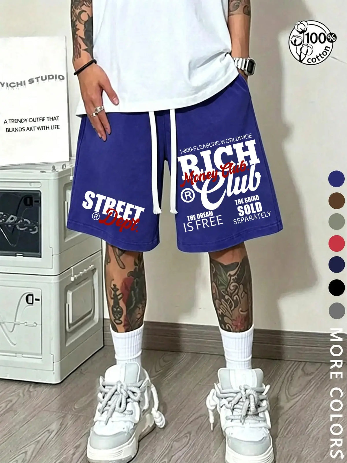 Unisex Street-Style Summer Shorts, Letter Print Shorts, 'Money' Slogan and RICH Lettering, American Hip-Hop Washed Cotton Graphic, Loose-Fit Drawstring Waist, Chic Casual Shorts, Suitable for Streetwear, Couple Outfits, and Everyday Wear