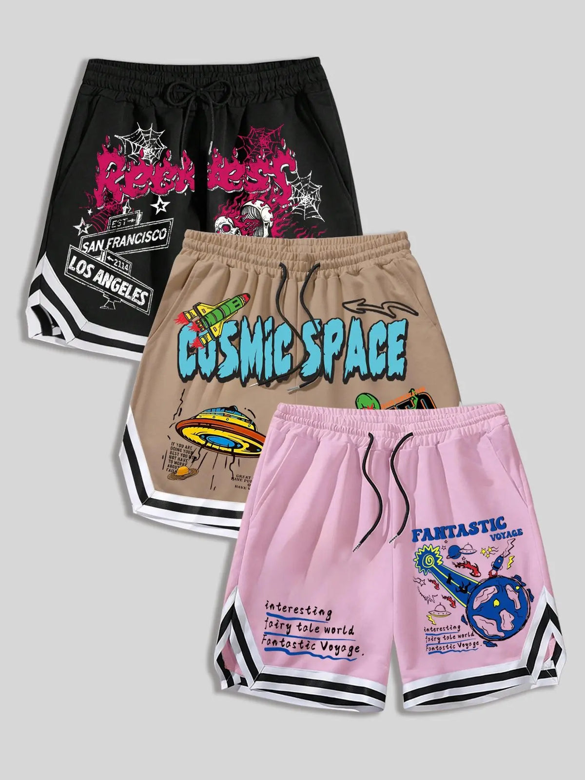 Men's 3 Pack Casual Shorts, Skull Space Cartoon Graffiti Graphic Print, Streetwear Summer Daily Shorts for Men