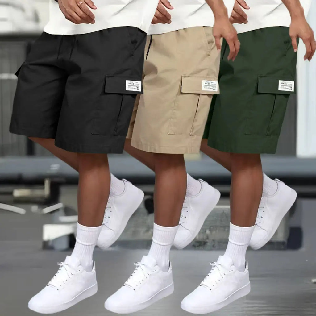 Men's 3-Pack Cargo Shorts Bundle (Black+Gray+Khaki) - Heavy-Duty Ripstop Fabric, Utility Pockets, Adjustable Waist, Fitted Cut, Workout Ready - Men's Clothing for Hiking, Construction Use, Size M