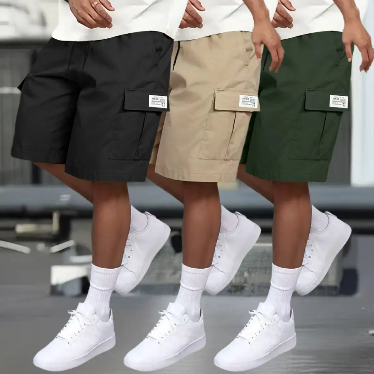 Men's 3-Pack Cargo Shorts Bundle (Black+Gray+Khaki) - Heavy-Duty Ripstop Fabric, Utility Pockets, Adjustable Waist, Fitted Cut, Workout Ready - Men's Clothing for Hiking, Construction Use, Size M