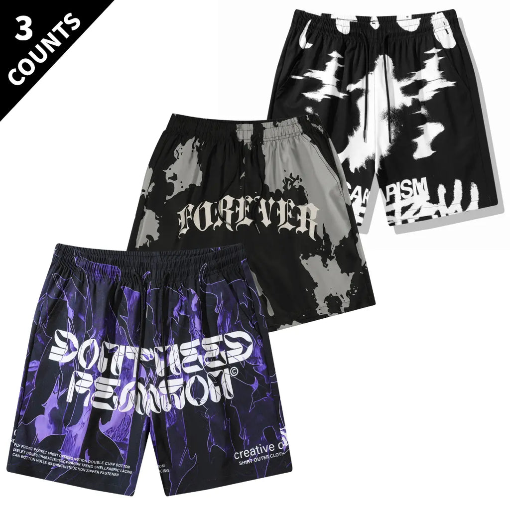 Men's 3-Pack Graphic Bold Pattern Summer Shorts - Casual Street Style Woven Polyester, Loose-Fitting Quick-Drying Men's Bottoms, Size M