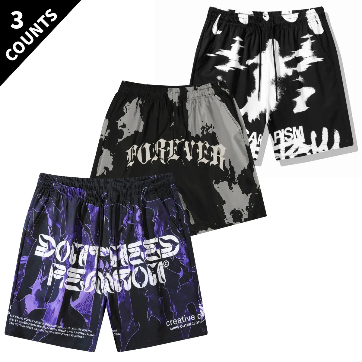 Men's 3-Pack Graphic Bold Pattern Summer Shorts - Casual Street Style Woven Polyester, Loose-Fitting Quick-Drying Men's Bottoms, Size M