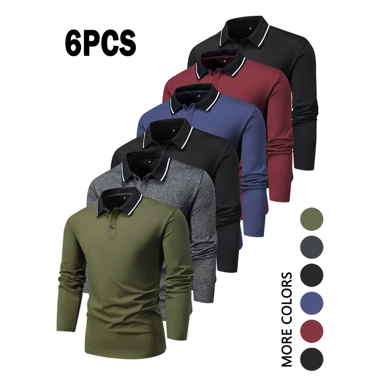 Men’s 6-Pack Long Sleeve Polo Shirts, Retro Vintage Chic Draped Plain Tops, Spring-Fall Regular/Plus Size, Lightweight Wrinkle-Resistant Solid Color, Casual Outdoor Camping & High-End Business Turn-Down Collar Button Front, Party Wear
