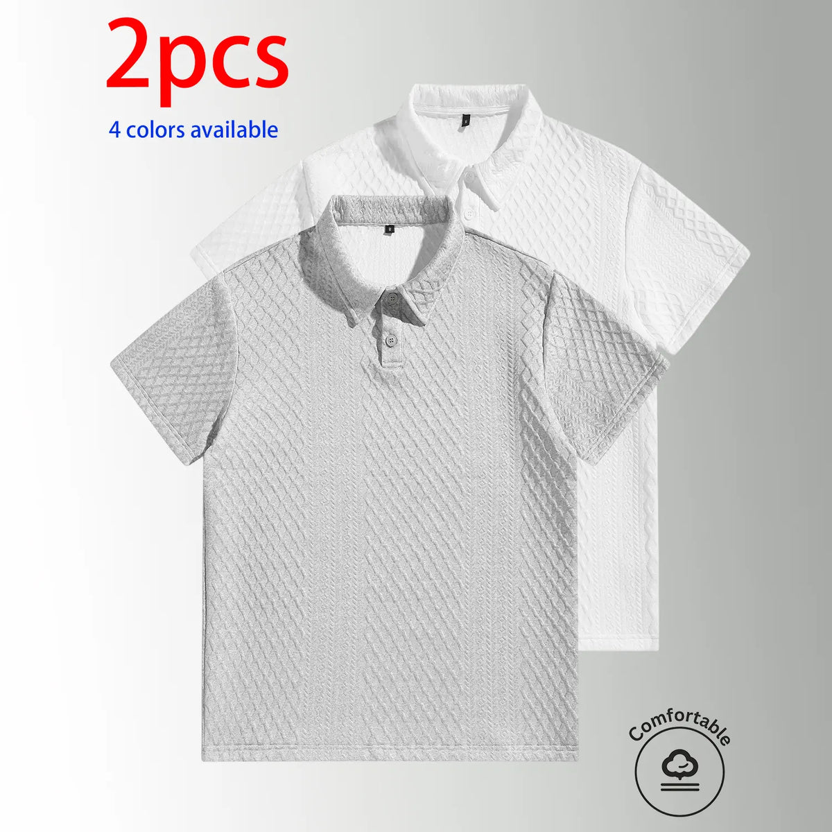 2-pack men’s short-sleeve polo shirts, men’s summer short-sleeve shirts. Men’s diamond jacquard bubble polo shirt, loose fit, no-fit style, solid color turn-down collar short sleeves, skin-friendly, breathable, comfortable, versatile. Suitable for everyda