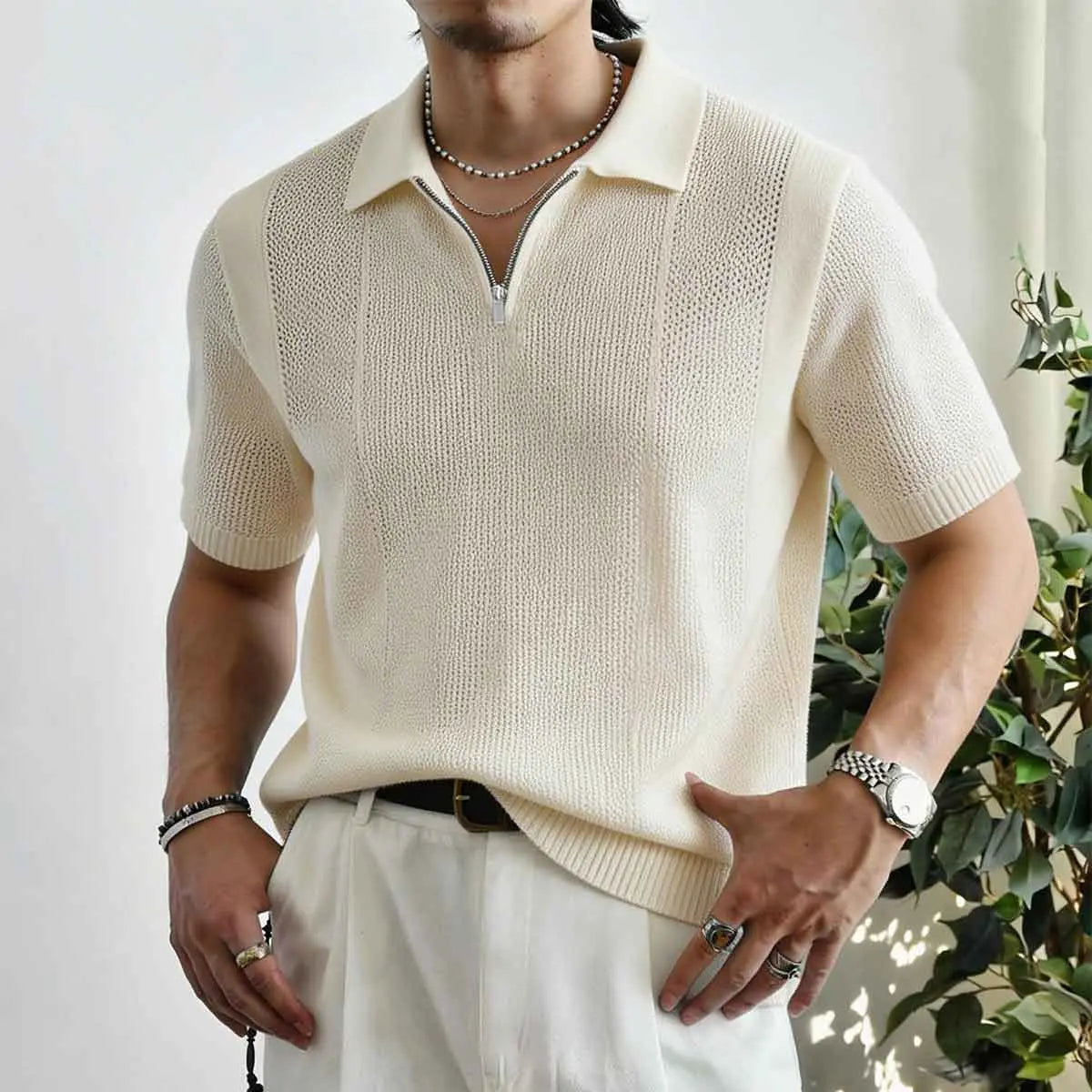 Men's Short-Sleeve Quarter-Zip V-Neck Knitted Polo Shirt - Retro Casual Basic Top, Textured Weave, Breathable Summer Fabric, Ribbed Details, Sleek Metal Zipper, Everyday Active Wear