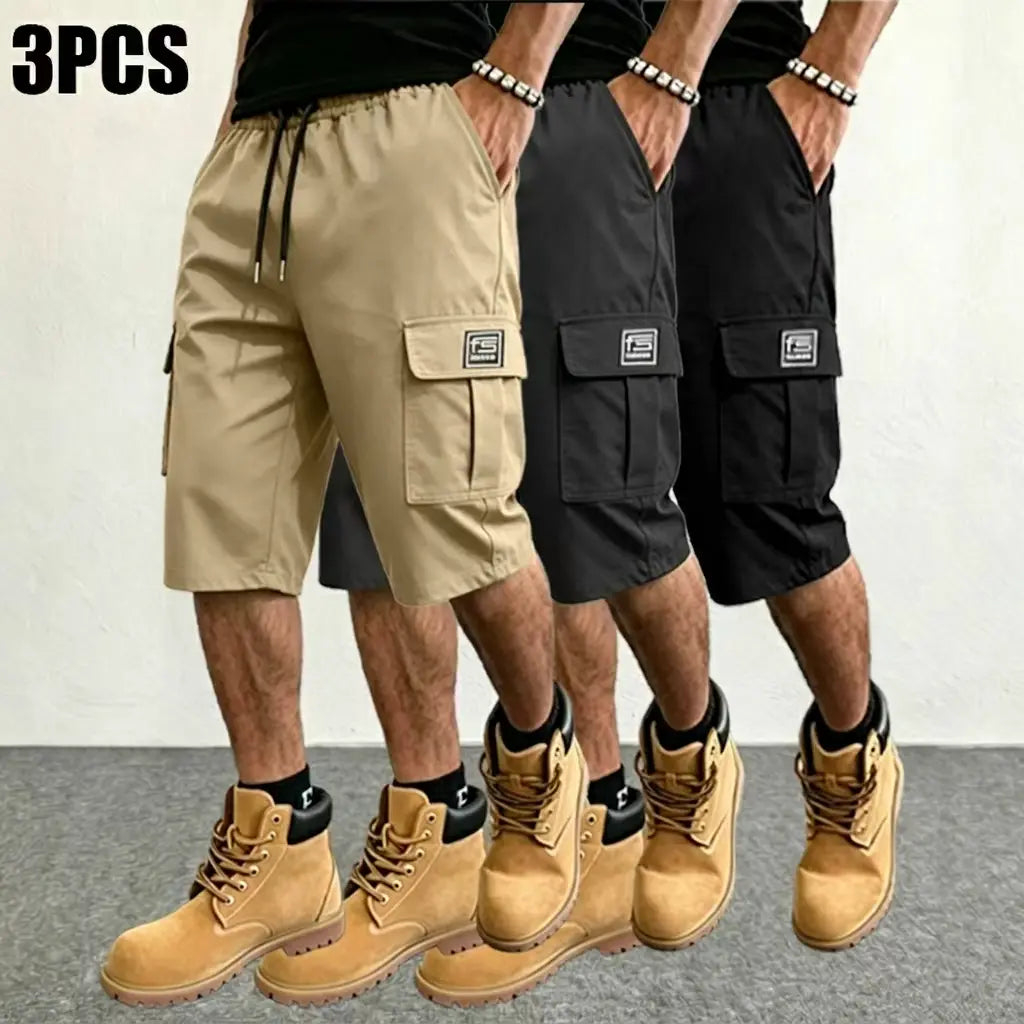 3-pack men’s summer casual cargo shorts, 7/8 length, elastic drawstring waistband, multiple pockets, letter patch decoration, suitable for everyday commuting and outdoor leisure activities