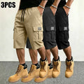 3-pack men’s summer casual cargo shorts, 7/8 length, elastic drawstring waistband, multiple pockets, letter patch decoration, suitable for everyday commuting and outdoor leisure activities