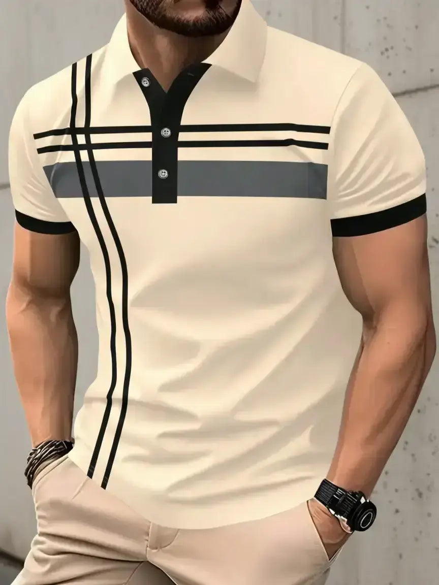 Men's Striped Print Contrast Binding, Casual Short-Sleeve Button-Front Top, Casual Polo Shirts for Summer, Fashion Men's Clothes for Daily Wear
