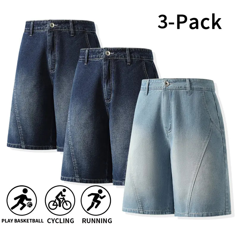 Men's 3-Pack Washed Denim Bermuda Shorts Outfits Set - Loose-Fit, Breezy Cut, Knee-Length, Breathable, Machine Wash, Sporty Casual for Outdoor, Everyday Wear