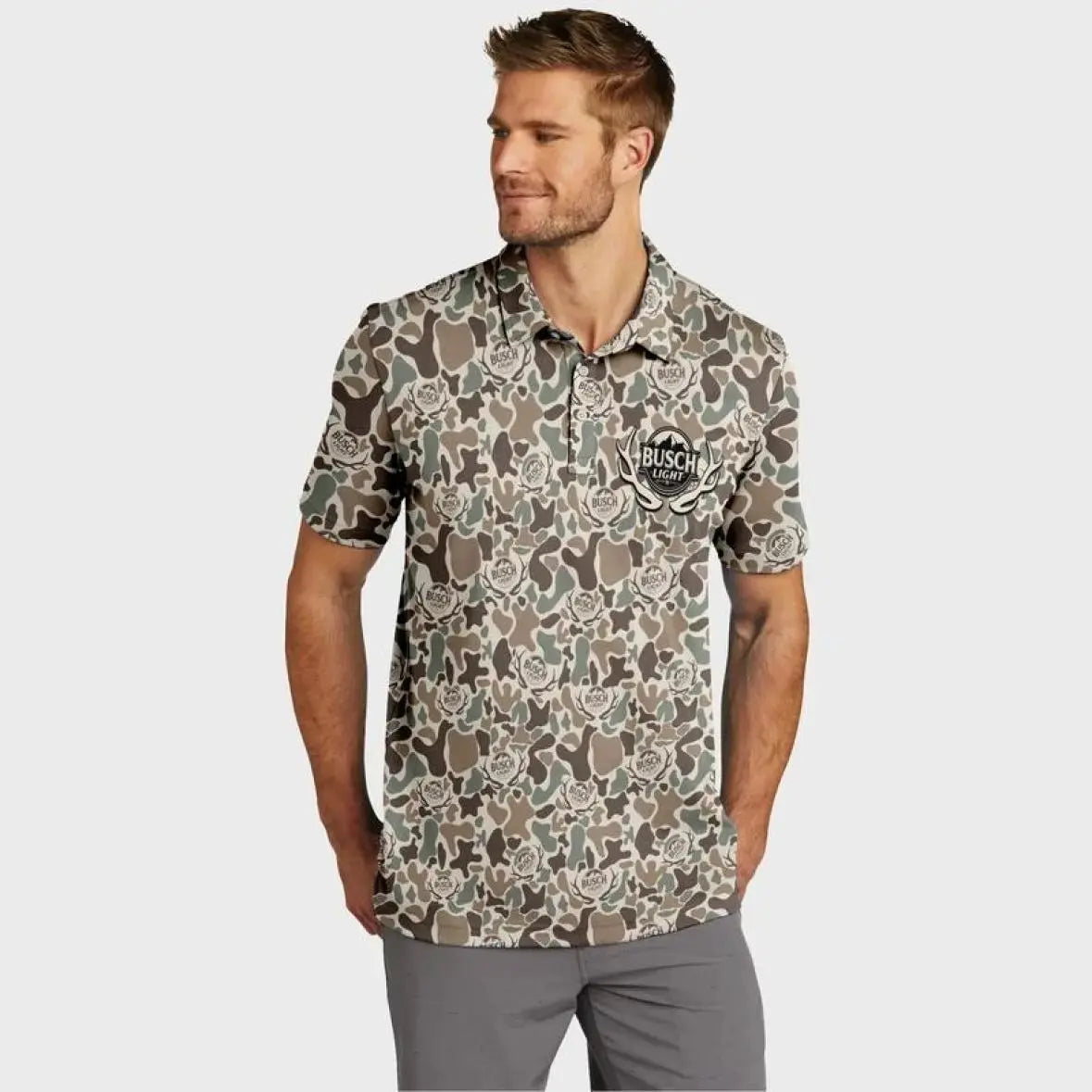 Busch Men's Performance Golf Polo Shirt Tan Sage Green Camo Made in USA