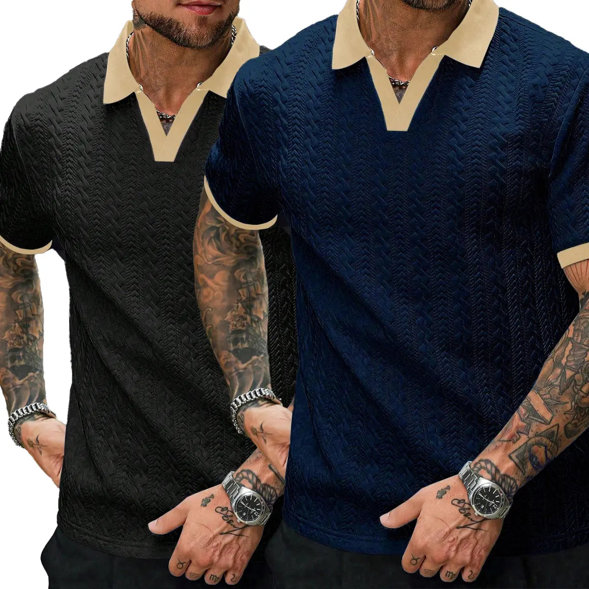 Men’s Cream V-Neck Polyester Knit Polo Shirt - Contrast-Color, Short-Sleeve, Textured, Retro-Style, Fitted Cut, Medium Length Male Clothing for Casual Commuting, Moire Stripes
