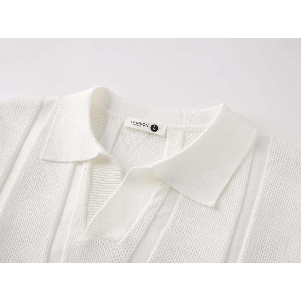 Vertical ribbed hollow knit short sleeve polo top with notch lapel open V-neck and ribbed cuffs, breathable lightweight stretch fabric slim tailored silhouette refined daily essential to build modern minimalist mensfashion outfits