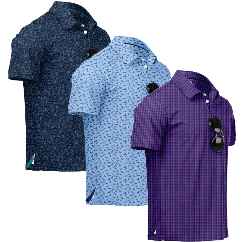 ZITY Men’s 3-Pack Short Sleeve Unique Prints Button Polo Shirts - 4-Way Stretch, Breathable, Moisture Wicking, Cool Touch, UPF 30+ Protection, Casual Outdoors/Party Top - Check Size Chart, Holiday Gifts for Boyfriend