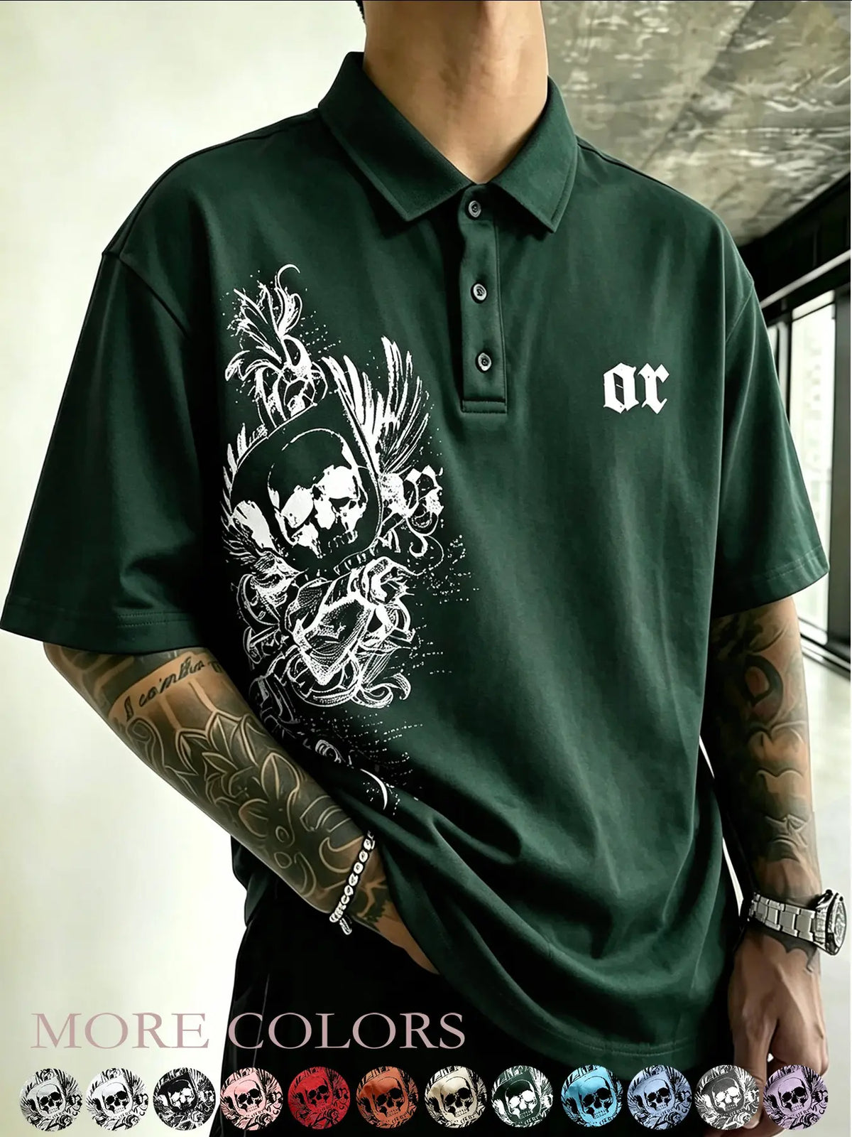 Men's Black Gothic Skeleton Letter Printed – American retro Gothic street style short-sleeved top, Streetwear Polo Shirt, suitable for Y2K, casual daily wear, date outfits, campus life, street style, light business casual, summer outings.