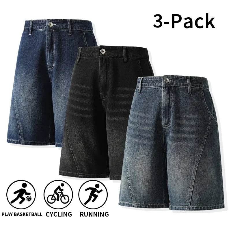 Men's 3-Pack Washed Denim Bermuda Shorts Outfits Set - Loose-Fit, Breezy Cut, Knee-Length, Breathable, Machine Wash, Sporty Casual for Outdoor, Everyday Wear