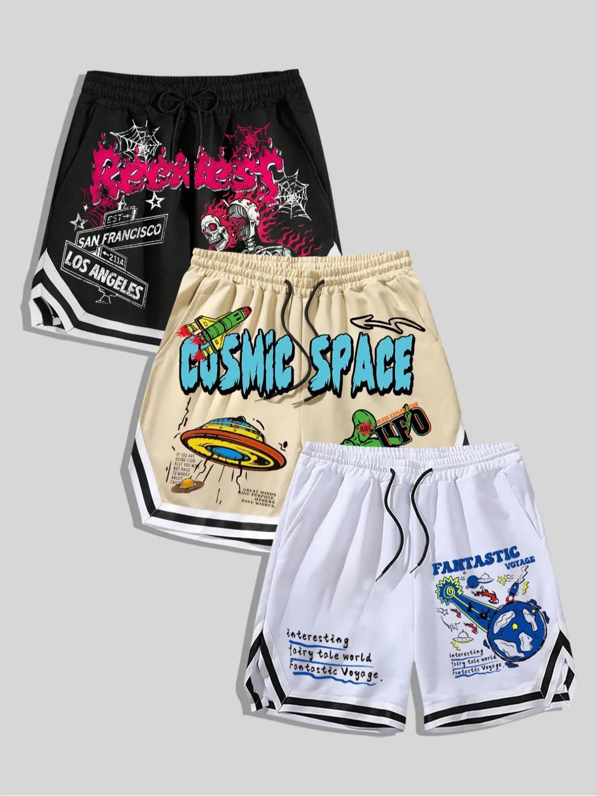 Men's 3 Pack Casual Shorts, Skull Space Cartoon Graffiti Graphic Print, Streetwear Summer Daily Shorts for Men