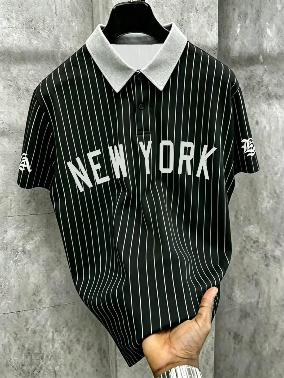 Men's Retro Vintage New York Print Striped Polo Shirt, Loose-Fit Colorblock Collar Short Sleeve Design, Trendy Casual Street Baseball Style Summer Top, Summer Polos, Summer Polo Shirts
