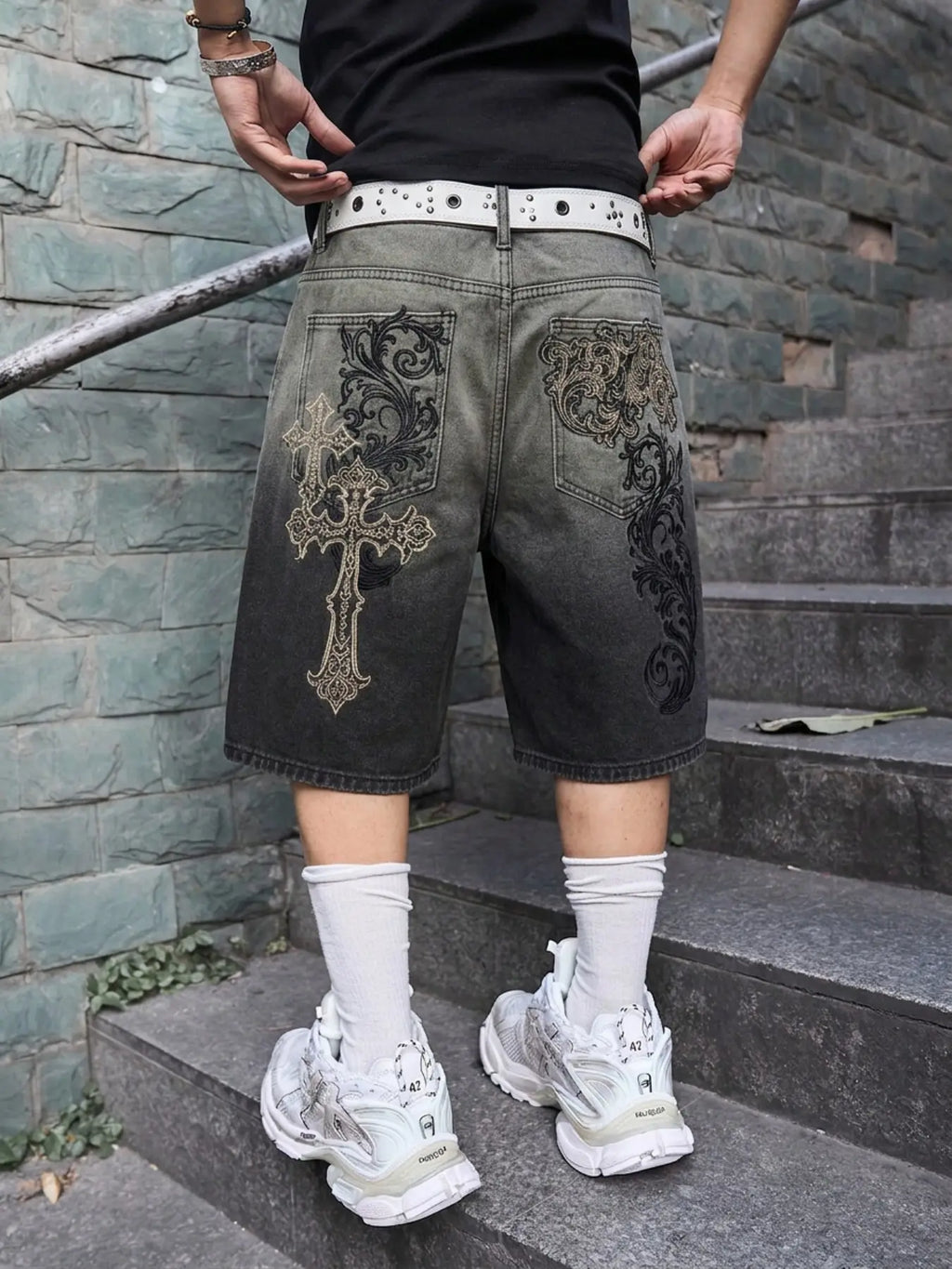 Men's Streetwear Aesthetic Denim Shorts, Casual Loose-Fit Baggy, Breathable Cotton, All-Season Wear, Graphic Pattern, Fashionable Summer Gym Shorts